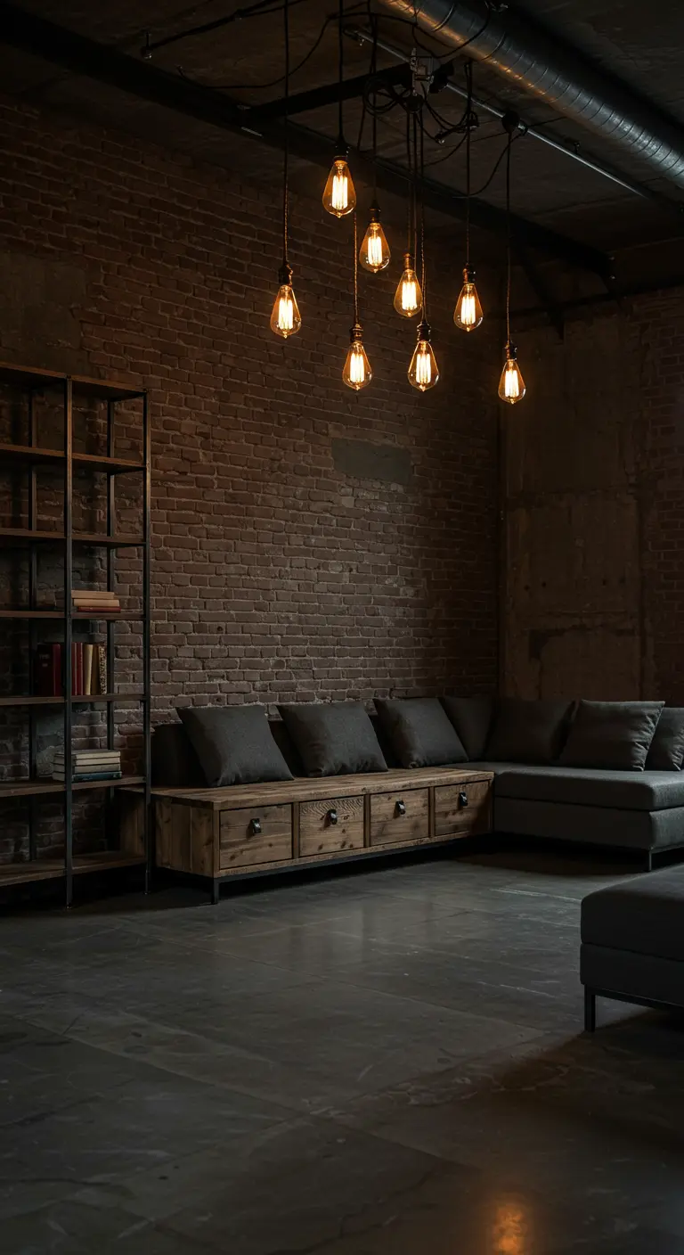 Industriële woonkamer met bakstenen muur, donkere bank en hangende Edison-lampen.
