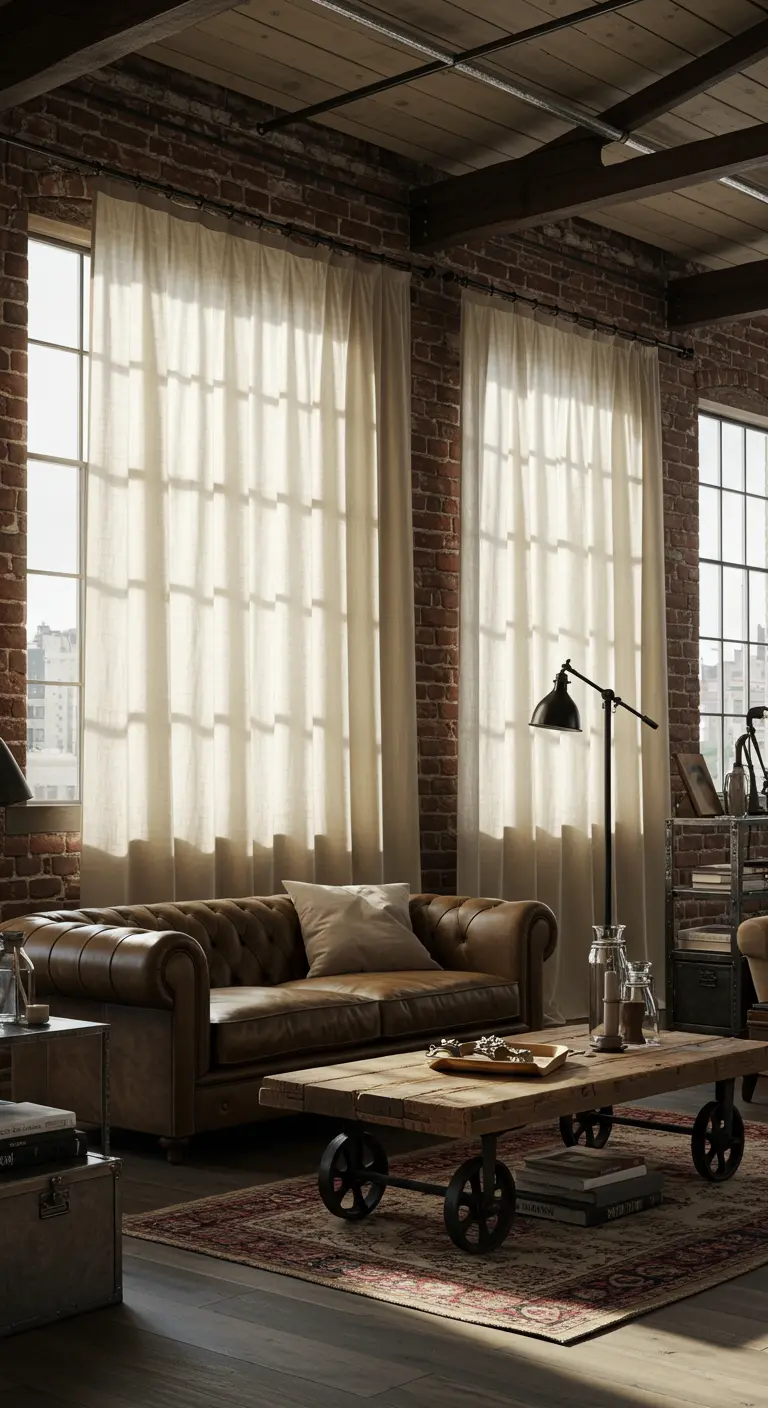 Lichte linnen gordijnen in een industrieel interieur met bakstenen muur en leren bank.
