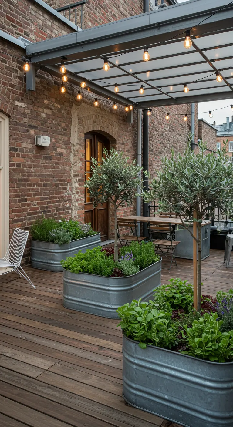 Grote zinken plantenbakken met olijfbomen en kruiden op een houten dakterras met industriële sfeer.