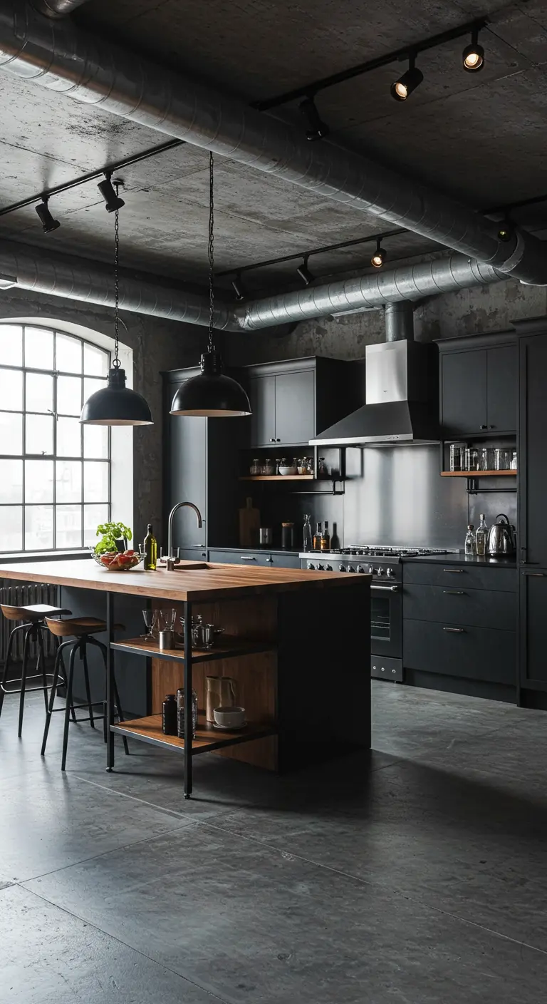 Industriële keuken met zwarte kasten, houten eiland, RVS en betonnen vloer.