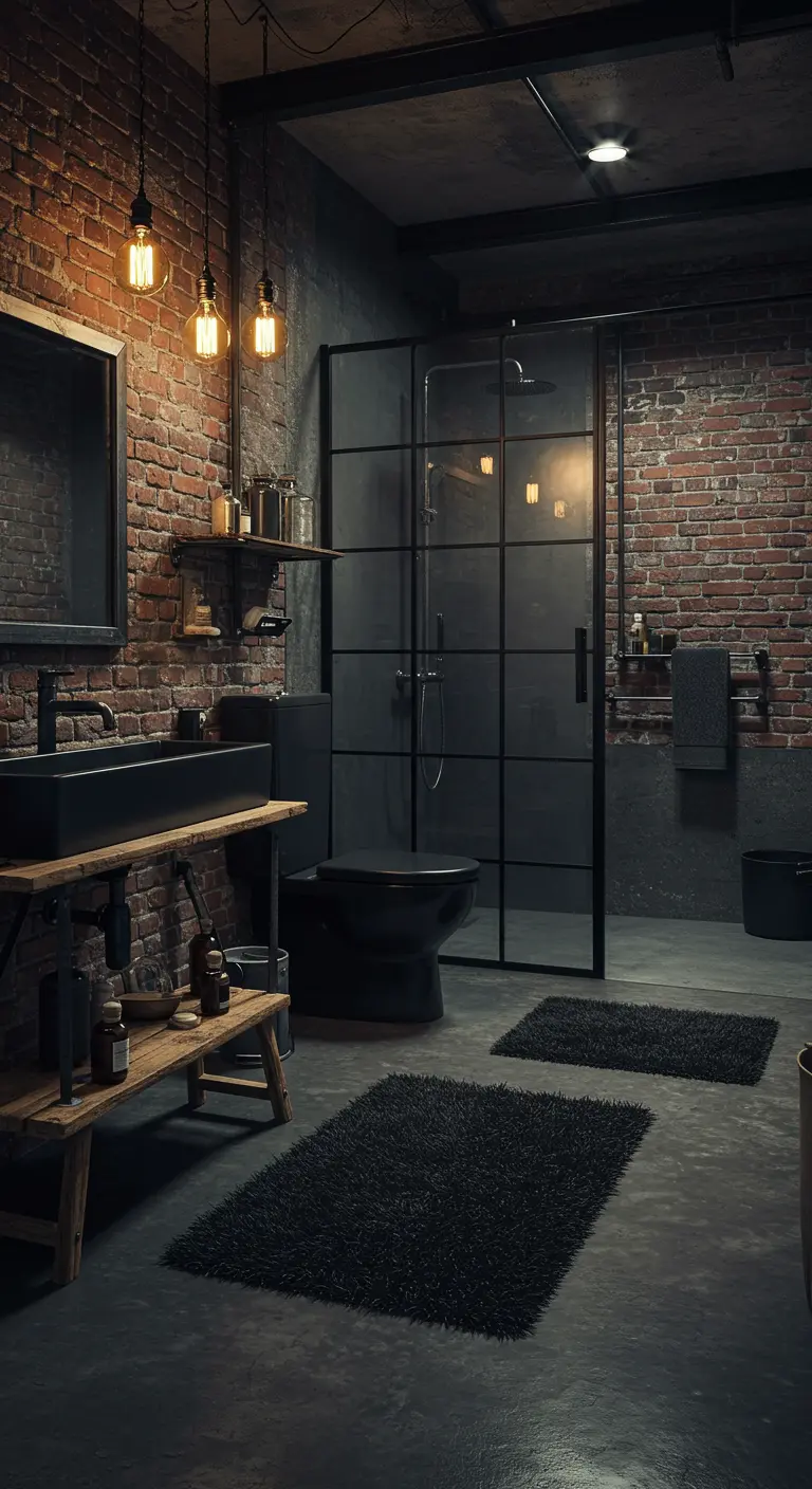 Industriële badkamer met zwart sanitair, bakstenen muur en stalen douchewand.