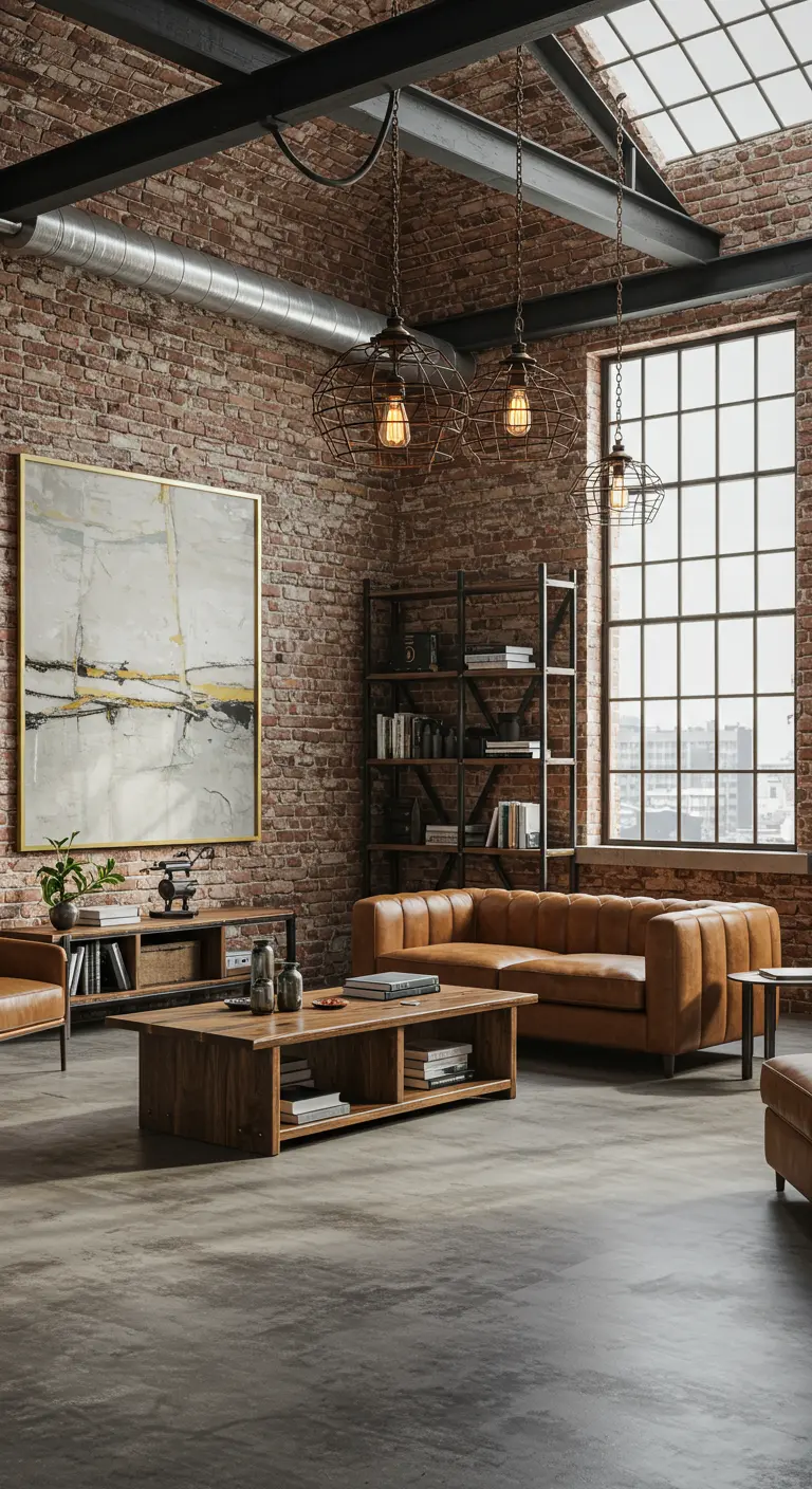 Industriële loft met bakstenen muur, leren bank en groot abstract schilderij met gouden lijst.