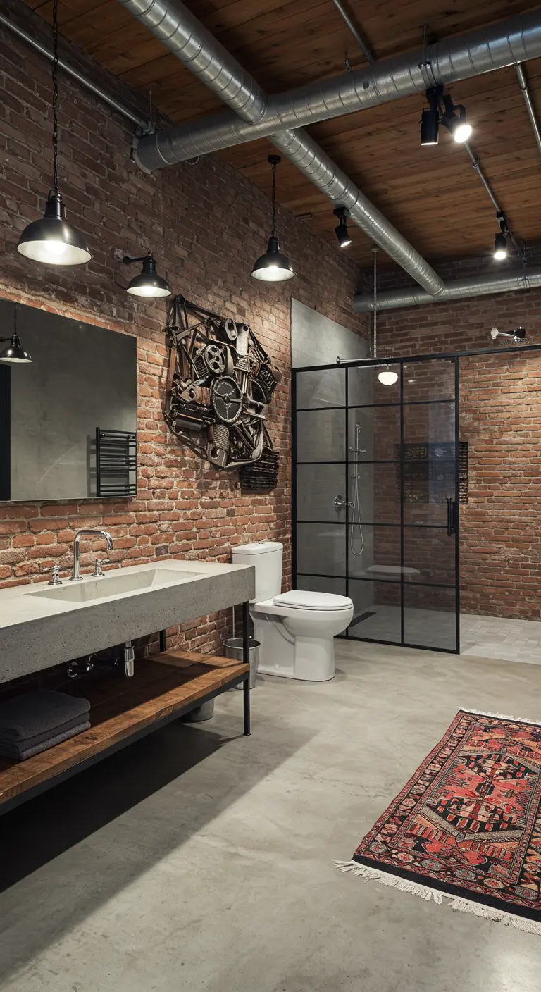 Industriële badkamer met bakstenen muren en een groot kunstwerk van geassembleerde metalen onderdelen.