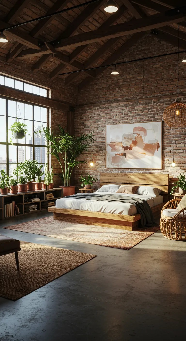Slaapkamer met bakstenen muren, grote ramen, houten bed en veel groene planten.