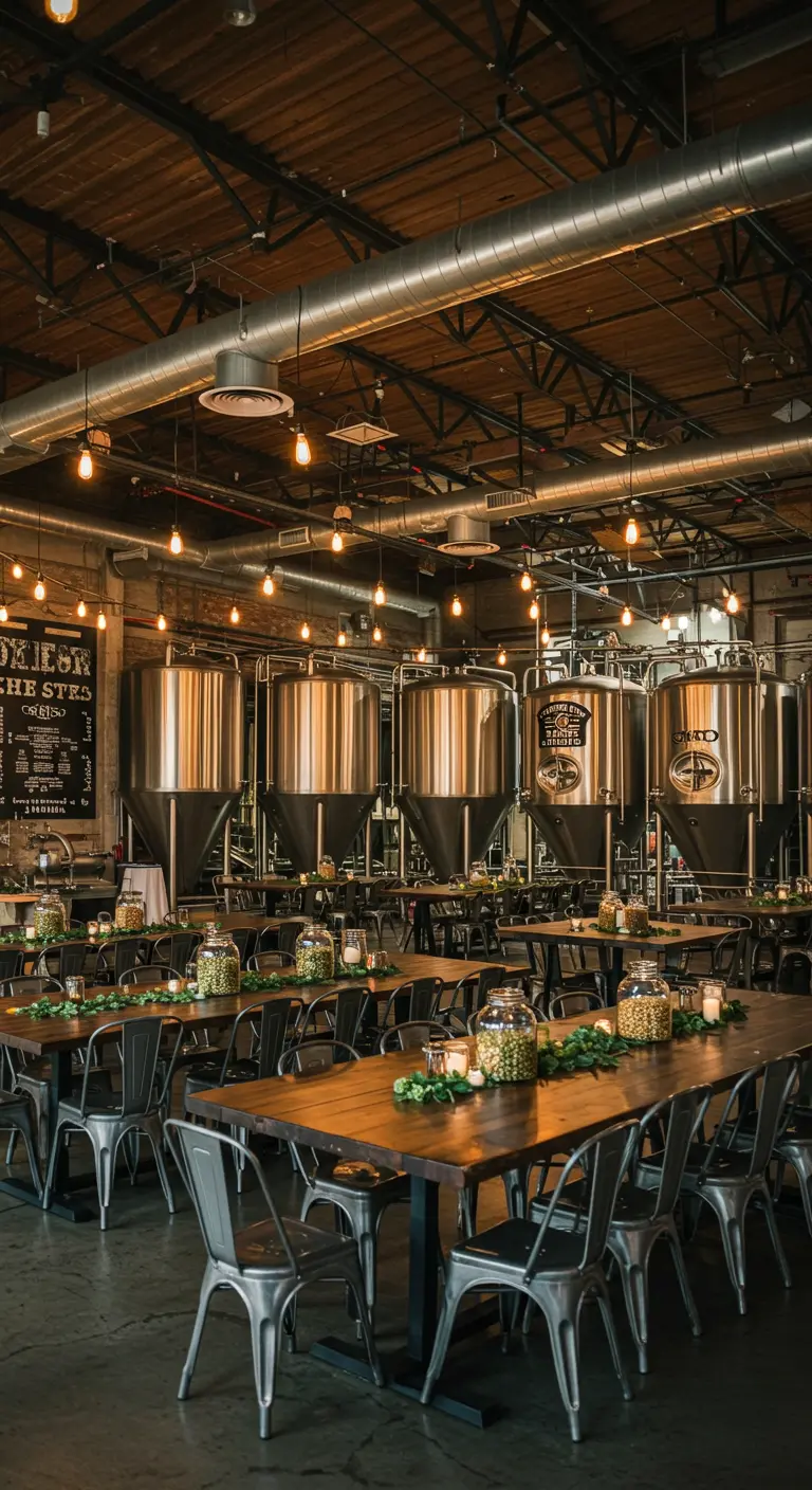Brouwerij als trouwlocatie met lange tafels, metalen stoelen en groene guirlandes.