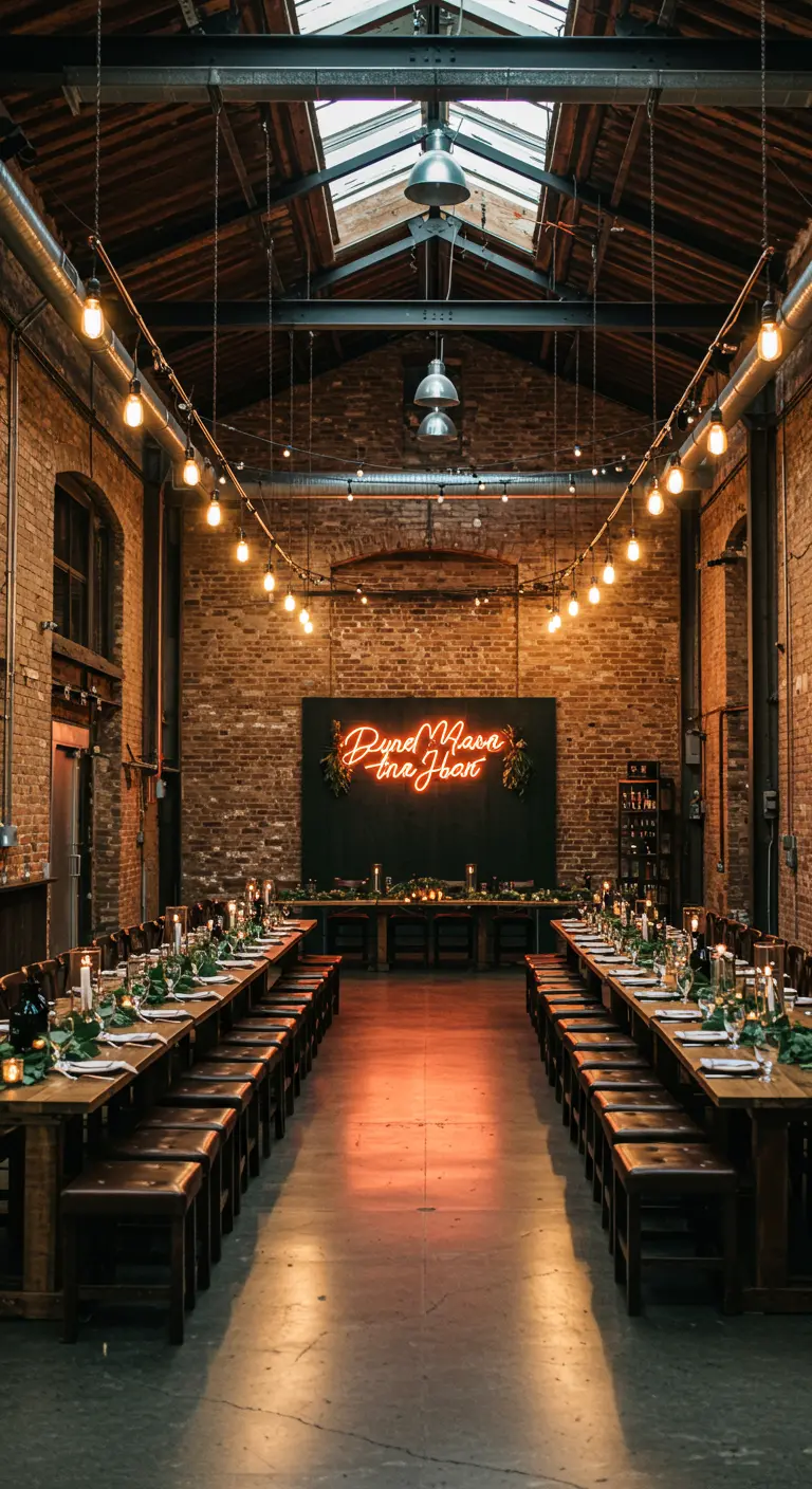 Industriële bruiloftsreceptie met bakstenen muren, neon sign en lange tafels.