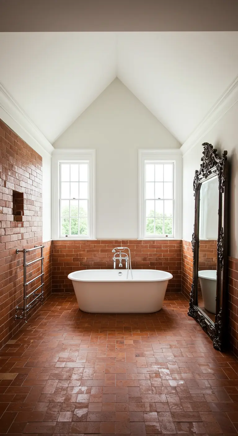Badkamer met terracotta bakstenen lambrisering, wit bad, grote ornate spiegel, witte muren.