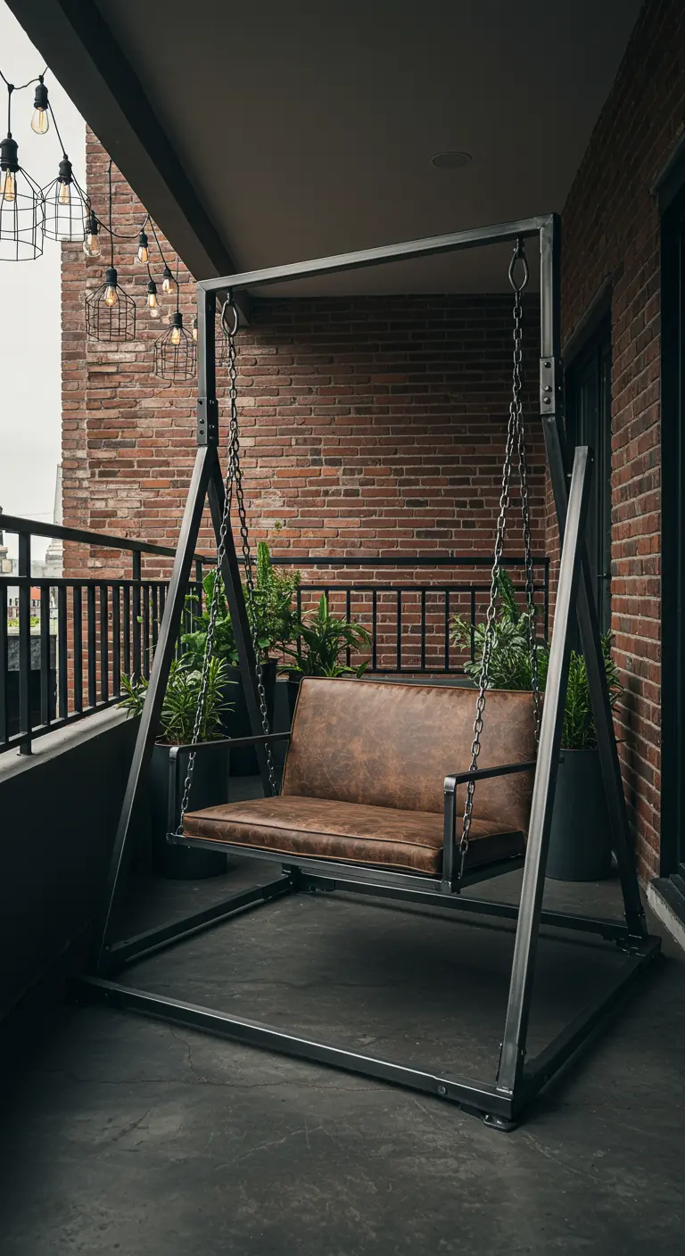 Zwarte metalen schommelbank met bruinleren zitting op een balkon met bakstenen muur en lichtjes.