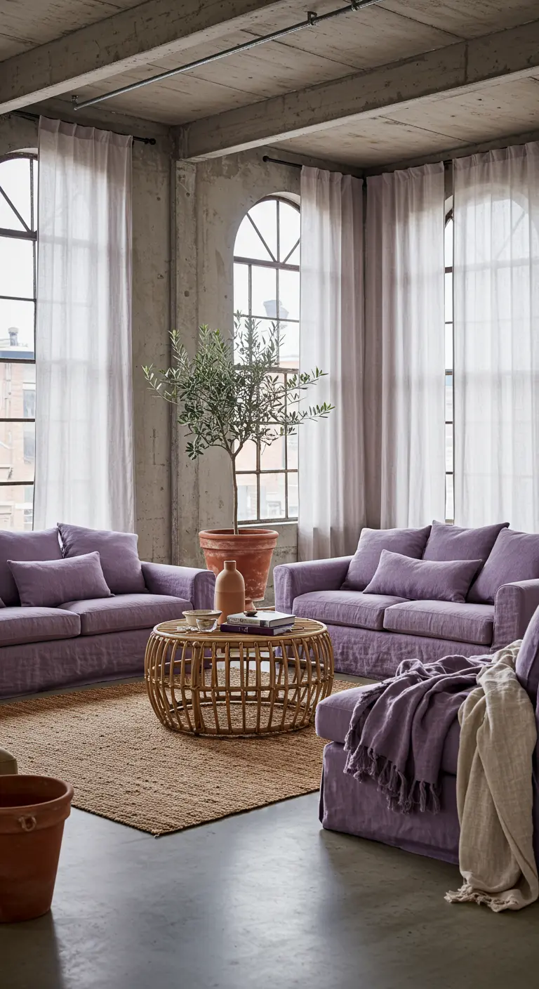 Industriële woonkamer met lavendel linnen banken, rotan tafel, jute vloerkleed.