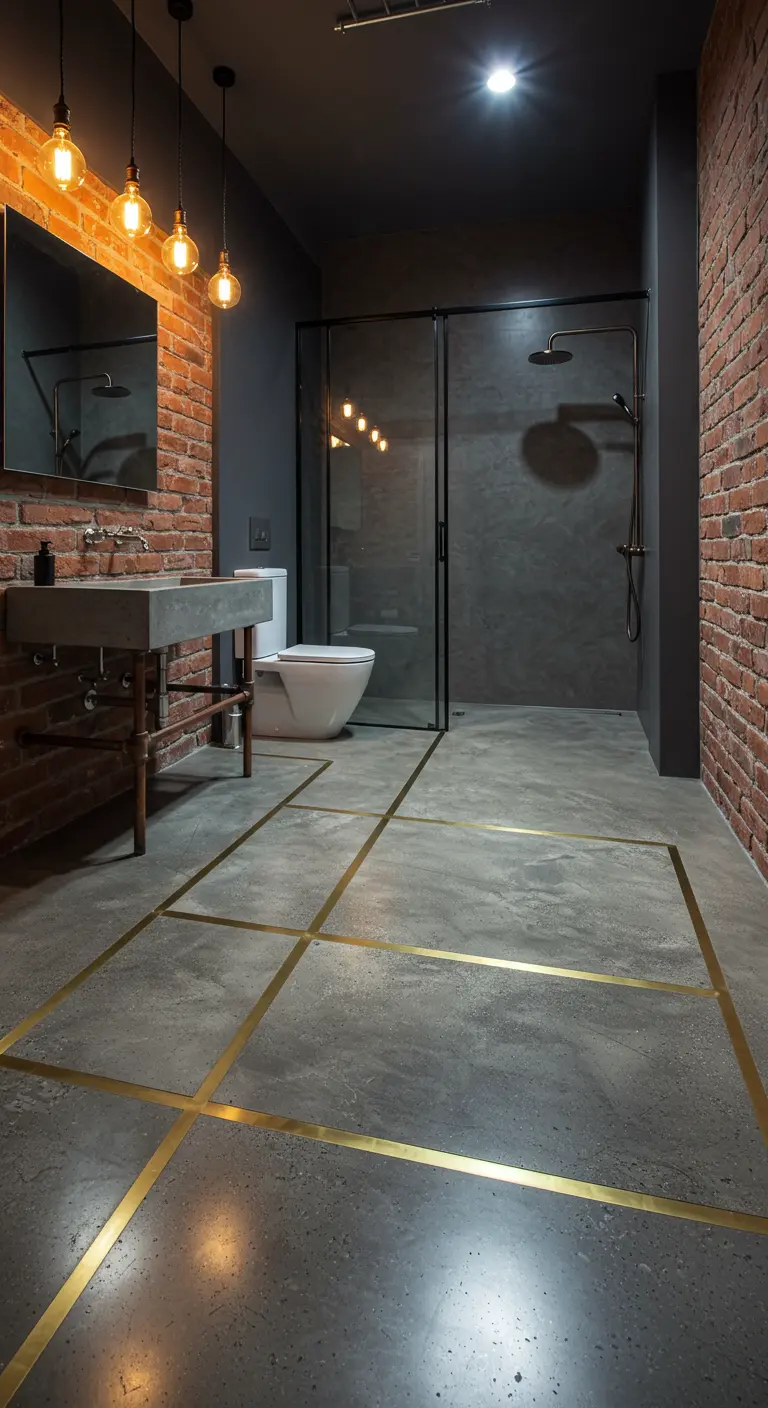 Industriële badkamer met grijze gietvloer en ingelegde messing strips.