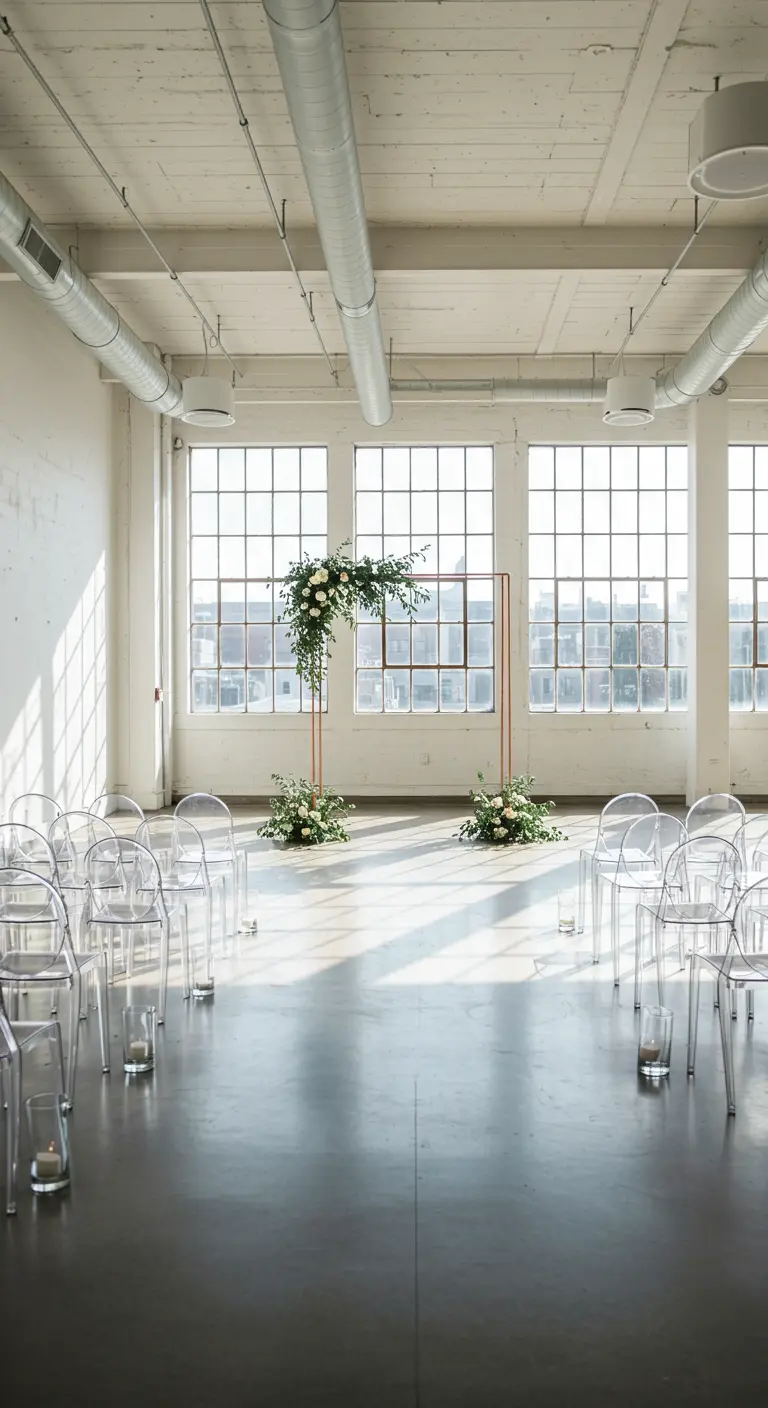 Minimalistische ceremonieopstelling met koperen boog, groen en transparante stoelen in lichte fabriekshal.
