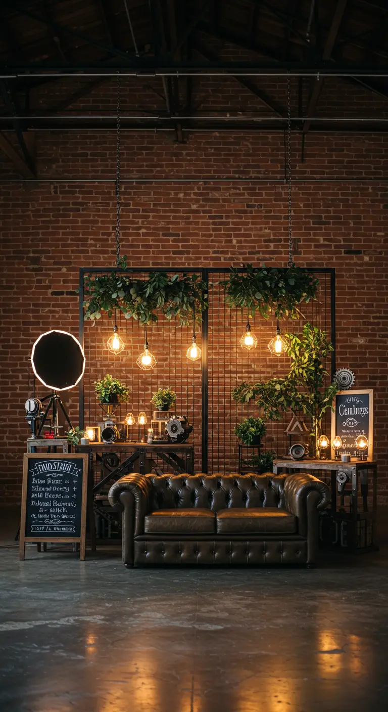 Industriële photobooth met bakstenen muur, metalen raster, Edison lampen, groene planten en leren bank.