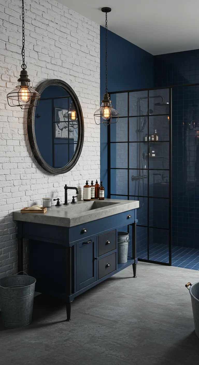 Industriële badkamer met donkerblauwe muur, witte baksteen en zwarte metalen accenten.