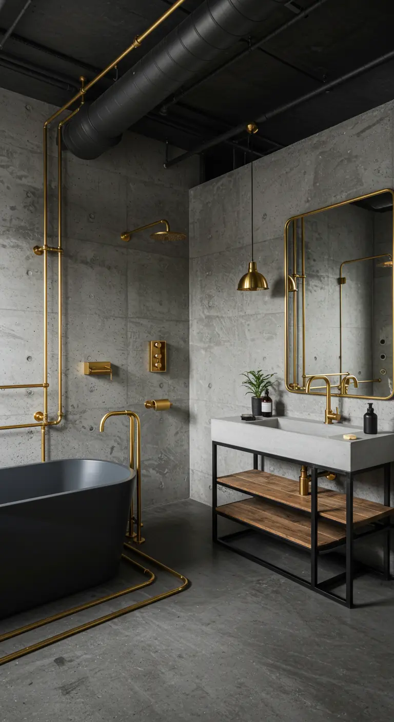 Industriële badkamer met betonnen muren, zichtbare gouden pijpen, zwarte badkuip.