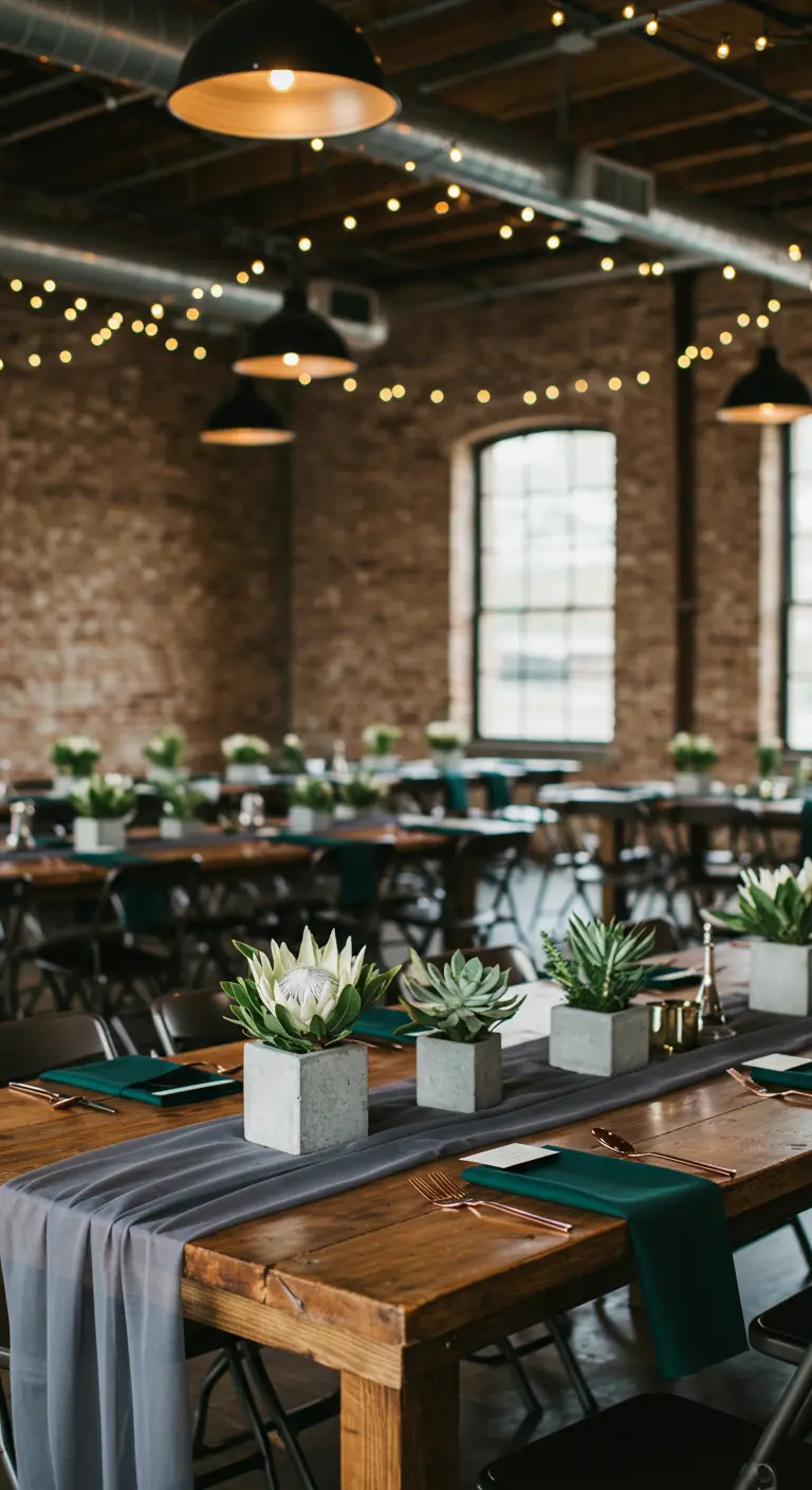 Industriële trouwlocatie met lange houten tafels, planten en hangende lampjes.