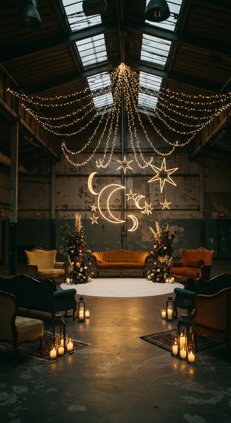 Industriële trouwlocatie met lichtslingers, maan- en sterdecoratie en vintage meubels.