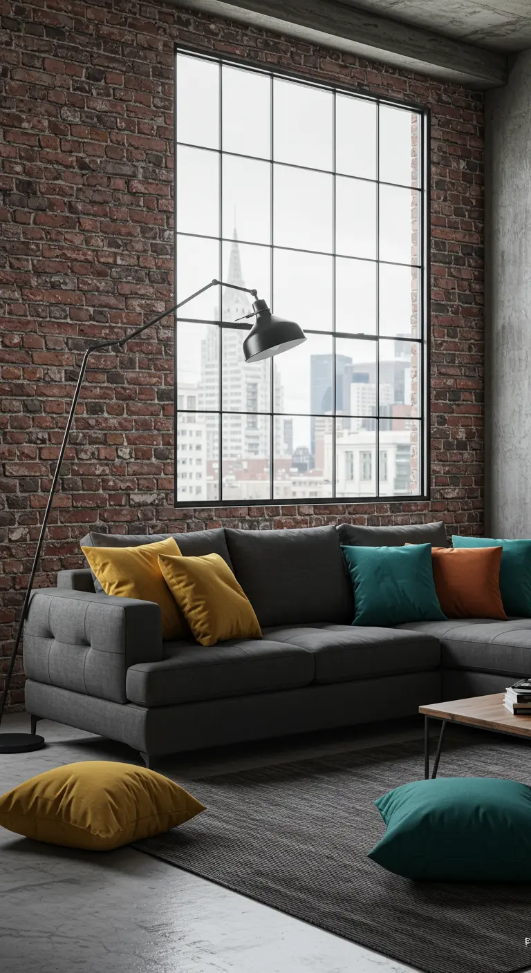 Donkergrijze bank met mosterdgele, teal en terracotta kussens in industriële loft.