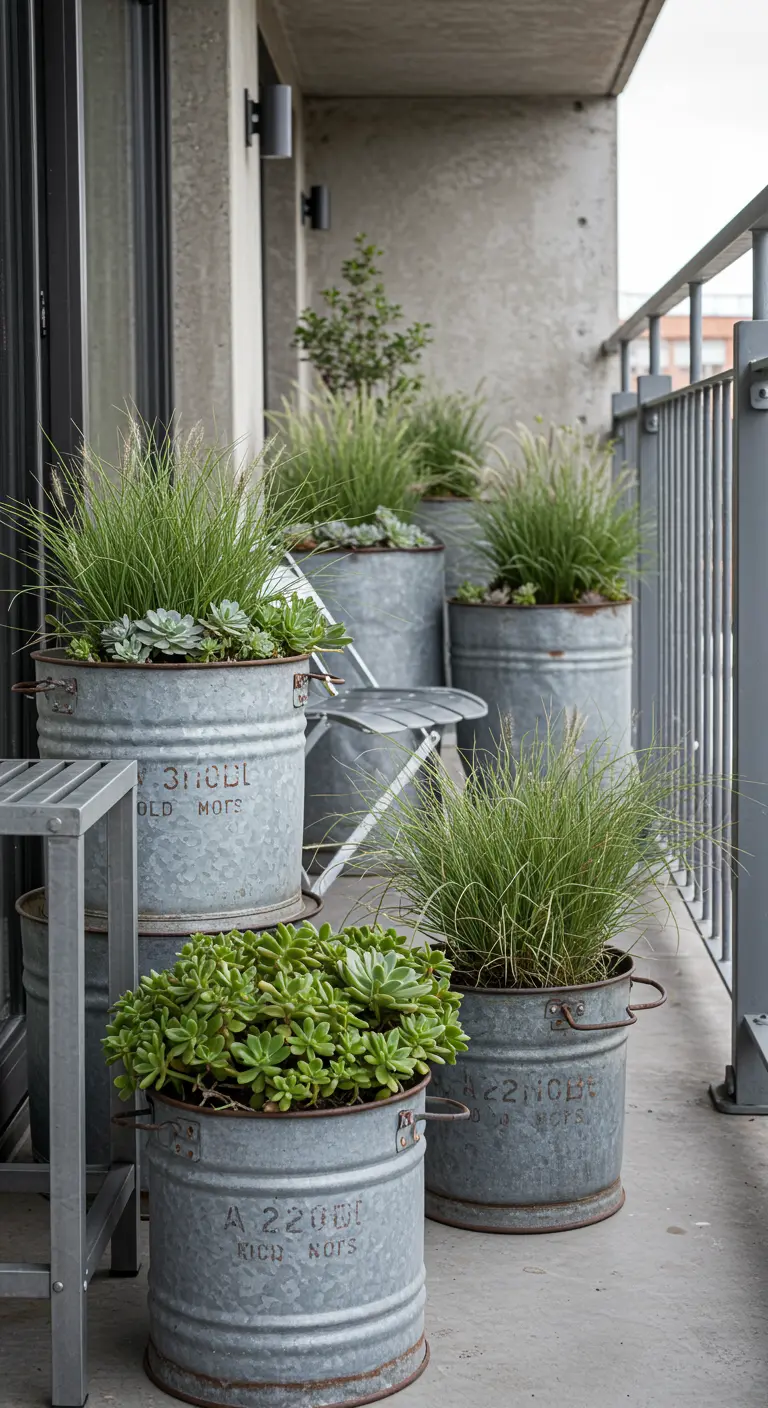 Groep verzinkt stalen emmers gebruikt als plantenpotten met grassen en vetplanten op balkon.