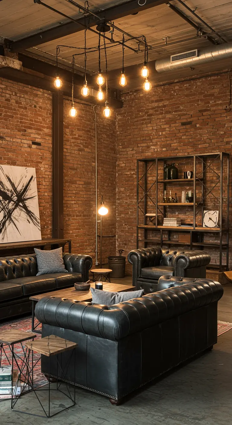 Industriële lounge met leren banken, bakstenen muren, metalen rekken en hanglampen.