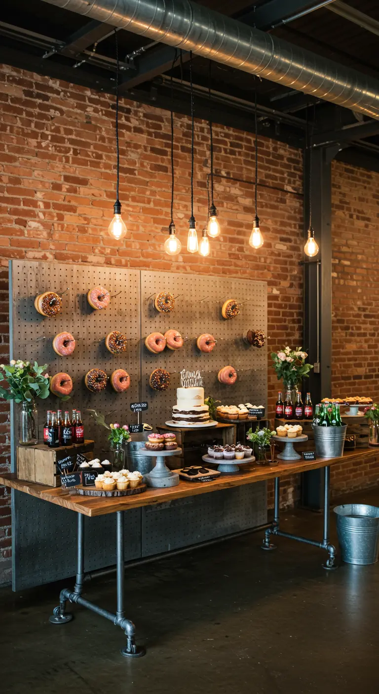 Industriële desserttafel met donut wall, bakstenen muur en Edison-lampjes.