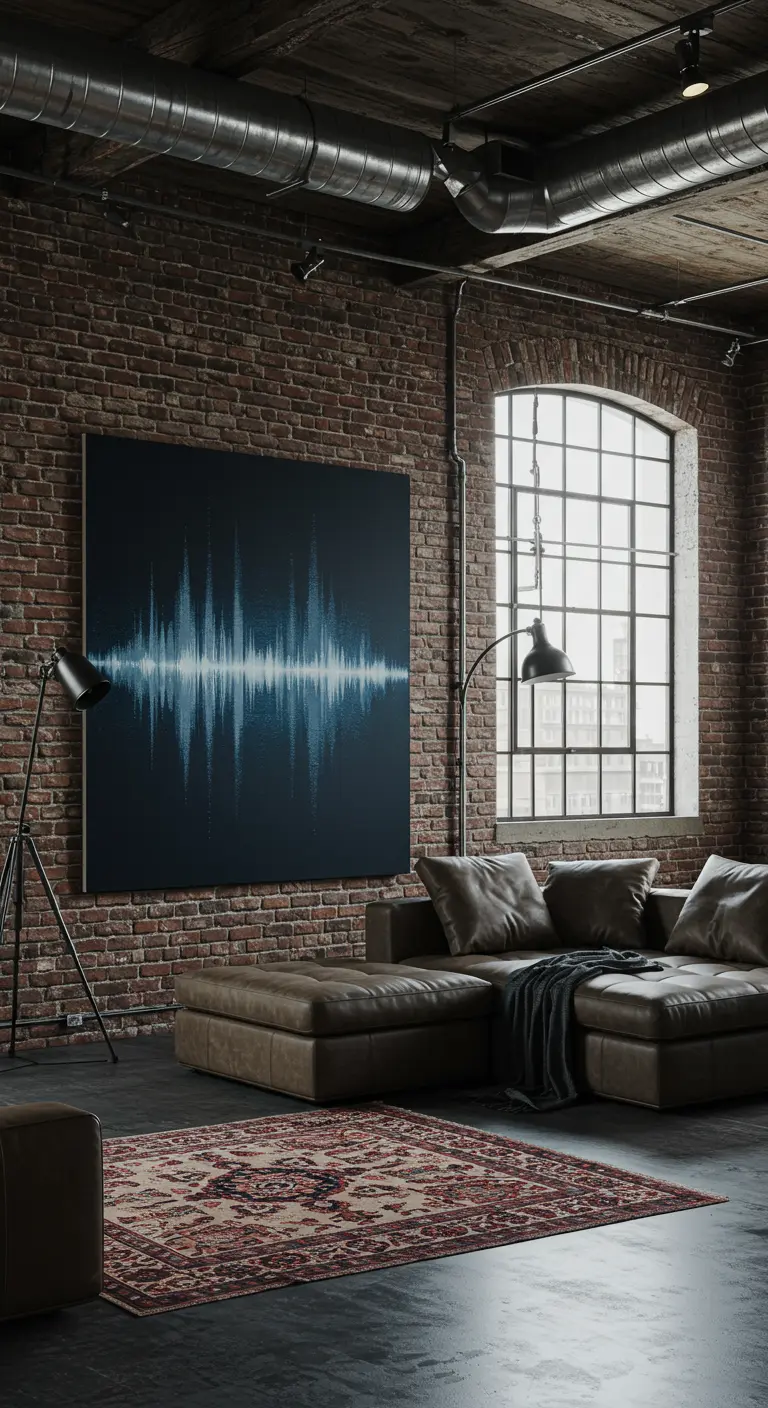 Industriële woonkamer met bakstenen muur en grote print van blauwe geluidsgolven.