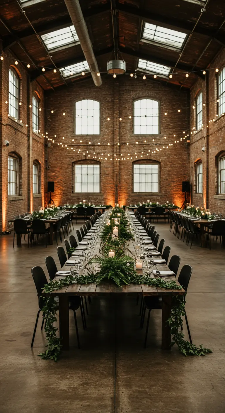 Industriële trouwzaal met lange tafels, varens, geometrische decoraties en sfeerlichten.