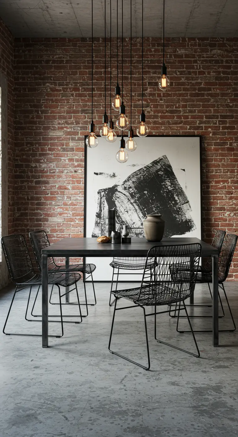Industriële eetkamer met zwarte draadstalen stoelen, bakstenen muur en hangende Edison lampen.