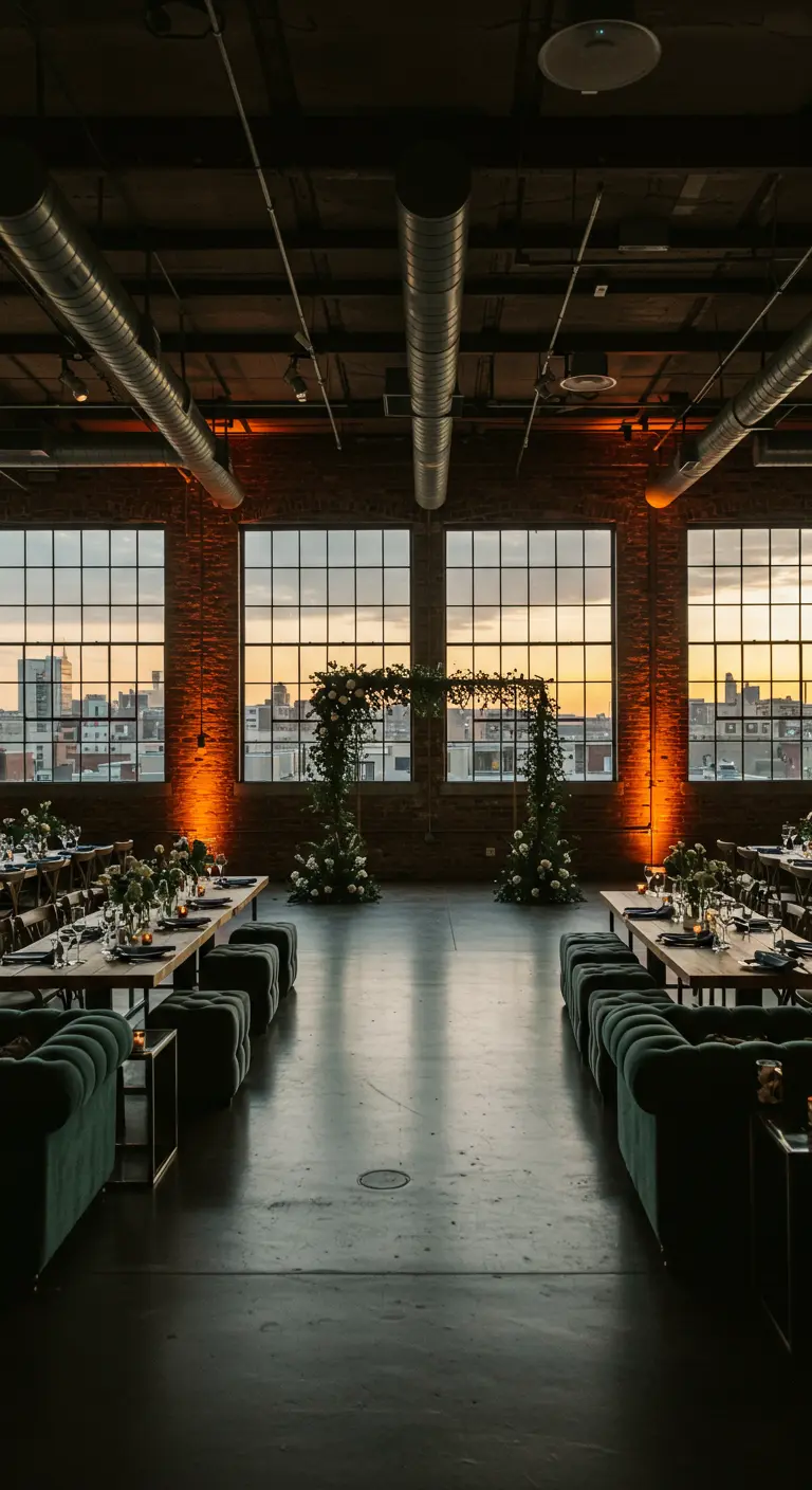 Industriële trouwlocatie met grote ramen, houten tafels, bloemenboog en warme oranje uplighting.