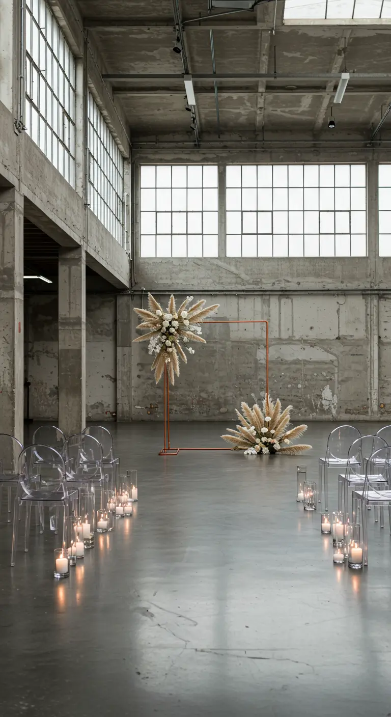 Minimalistische ceremonieopstelling in industriële hal met koperen boog, pampasgras en kaarsen.