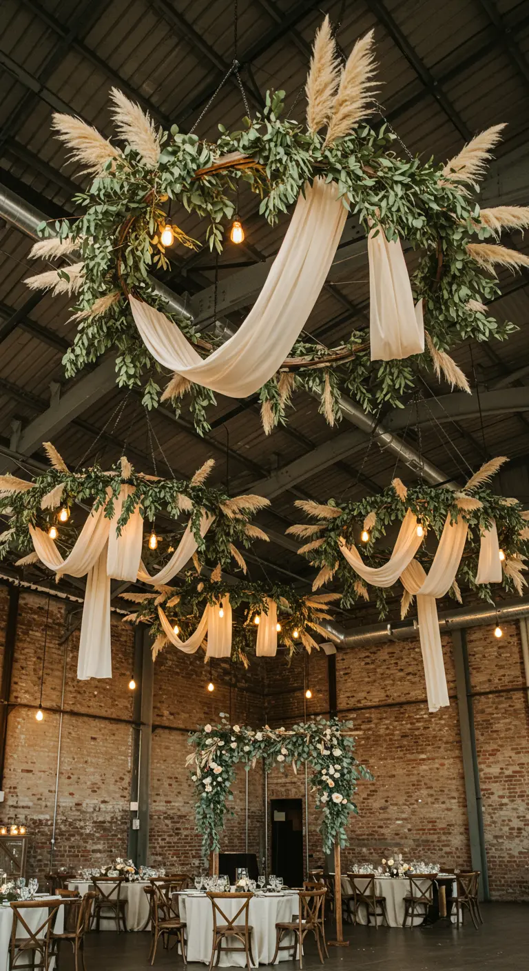 Hangende decoratie met droogbloemen, linnen en lichtjes in industriële ruimte.
