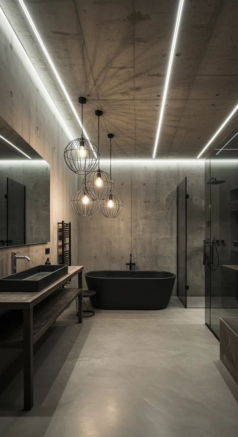 Moderne badkamer met betonnen muren, lineaire plafondverlichting en draadkooi hanglampen boven een zwart bad.