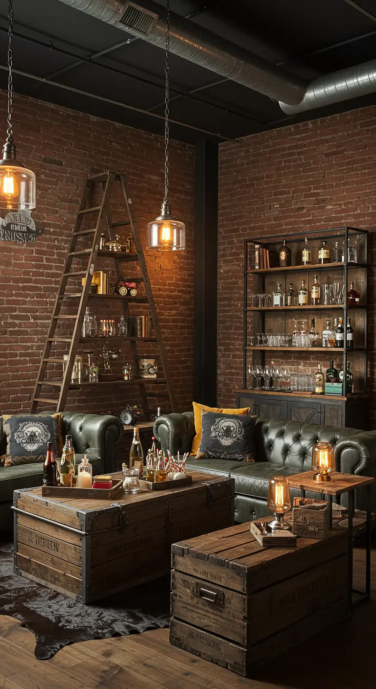 Industriële lounge met leren banken, houten kratten als salontafels en een ladder als boekenrek.