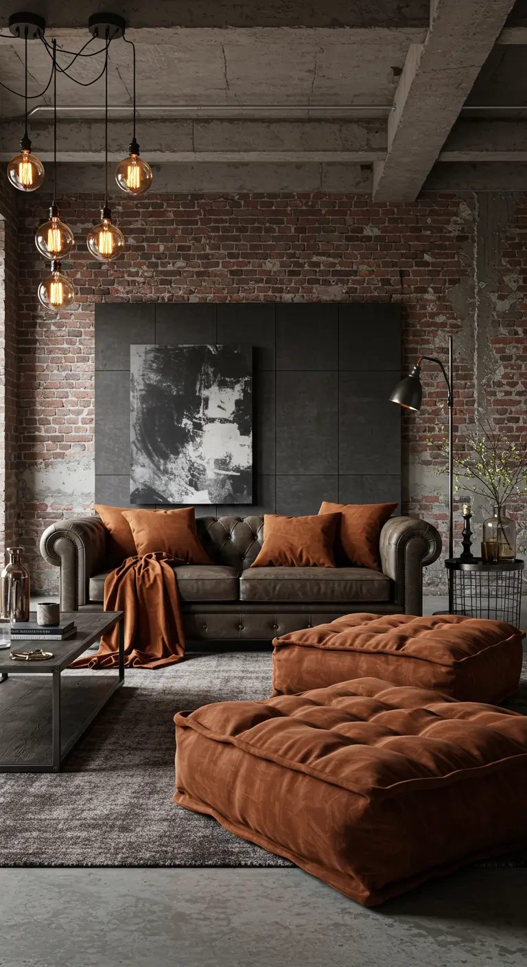 Industriële woonkamer met bakstenen muur, bank en grote fluwelen poefs.