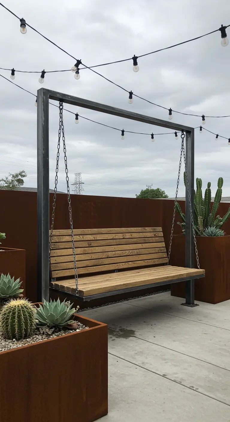 Houten schommelbank met metalen frame op dakterras met cortenstaal plantenbakken en cactussen.