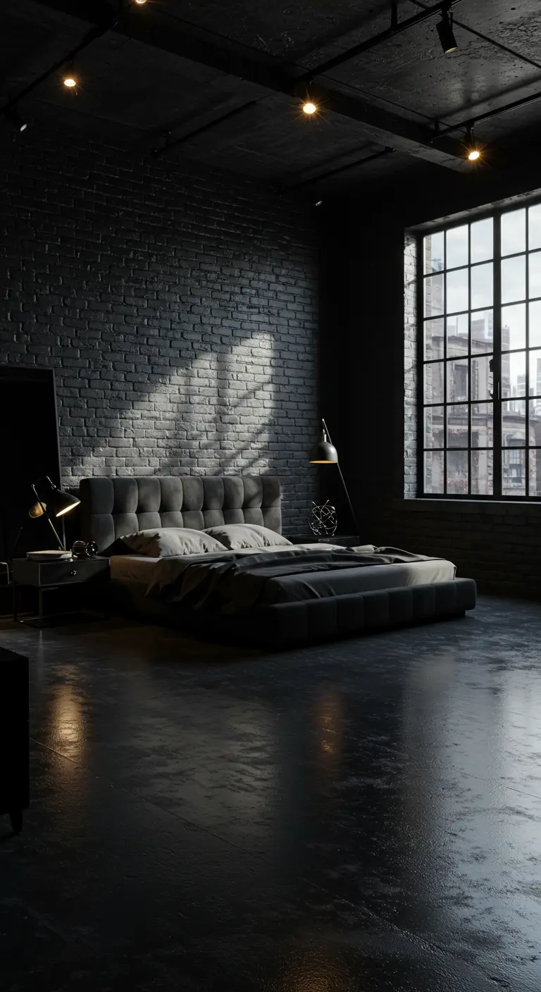 Zwarte slaapkamer met industriële bakstenen muur, glanzende vloer, en grote ramen.