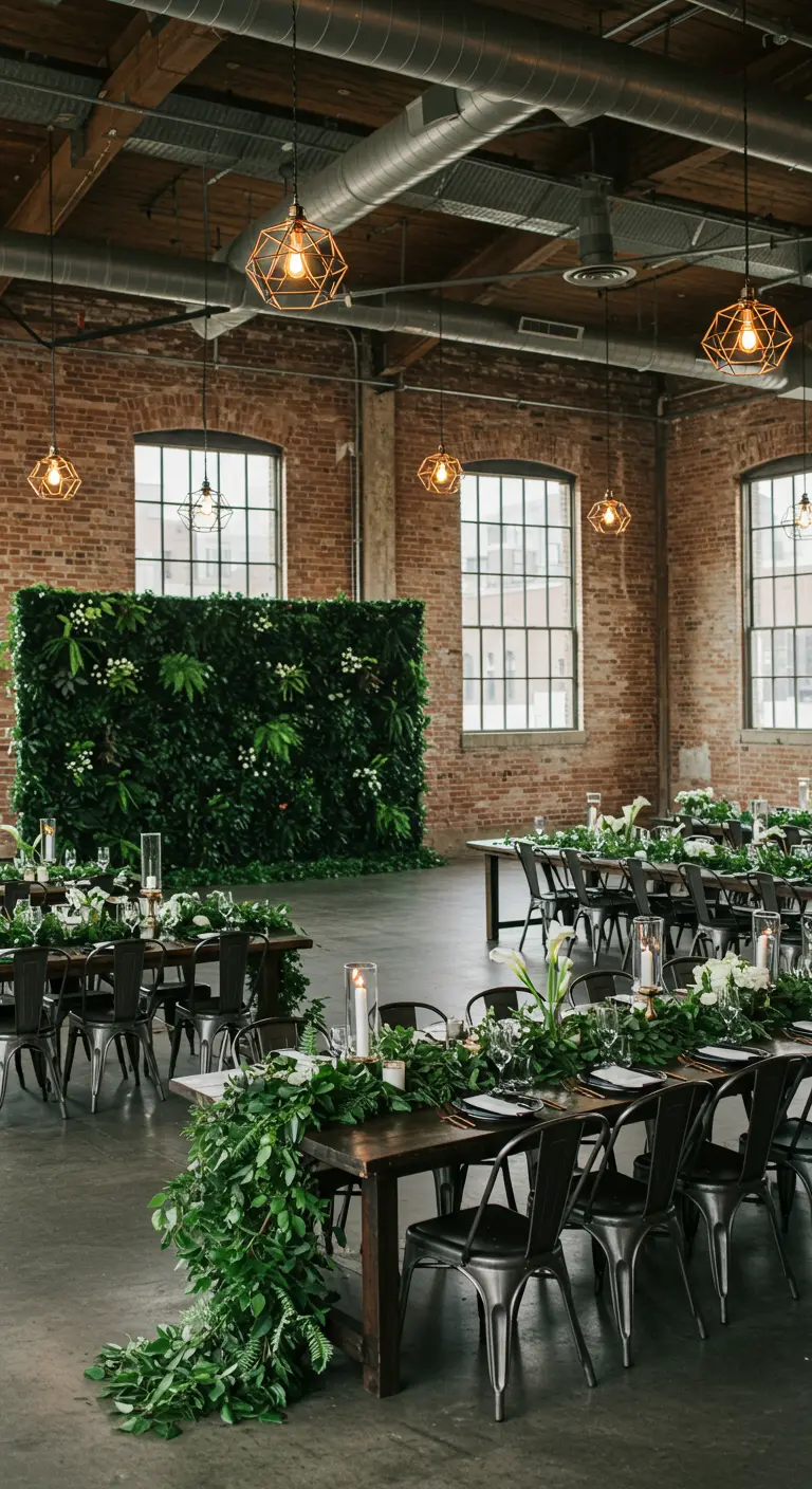 Industriële trouwlocatie met bakstenen muren, hanglampen en een grote groene plantenmuur.