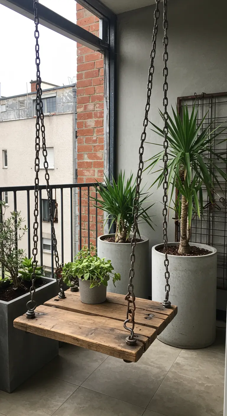 Houten plank schommel met kettingen op hoogbouw balkon met stadszicht en planten.