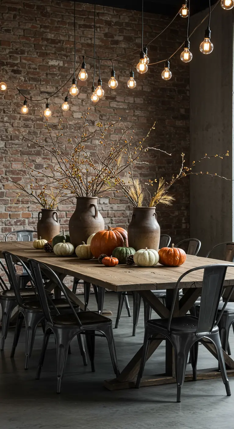 Industriële eethoek met bakstenen muur, houten tafel, metalen stoelen, pompoenen en lichtsnoeren.