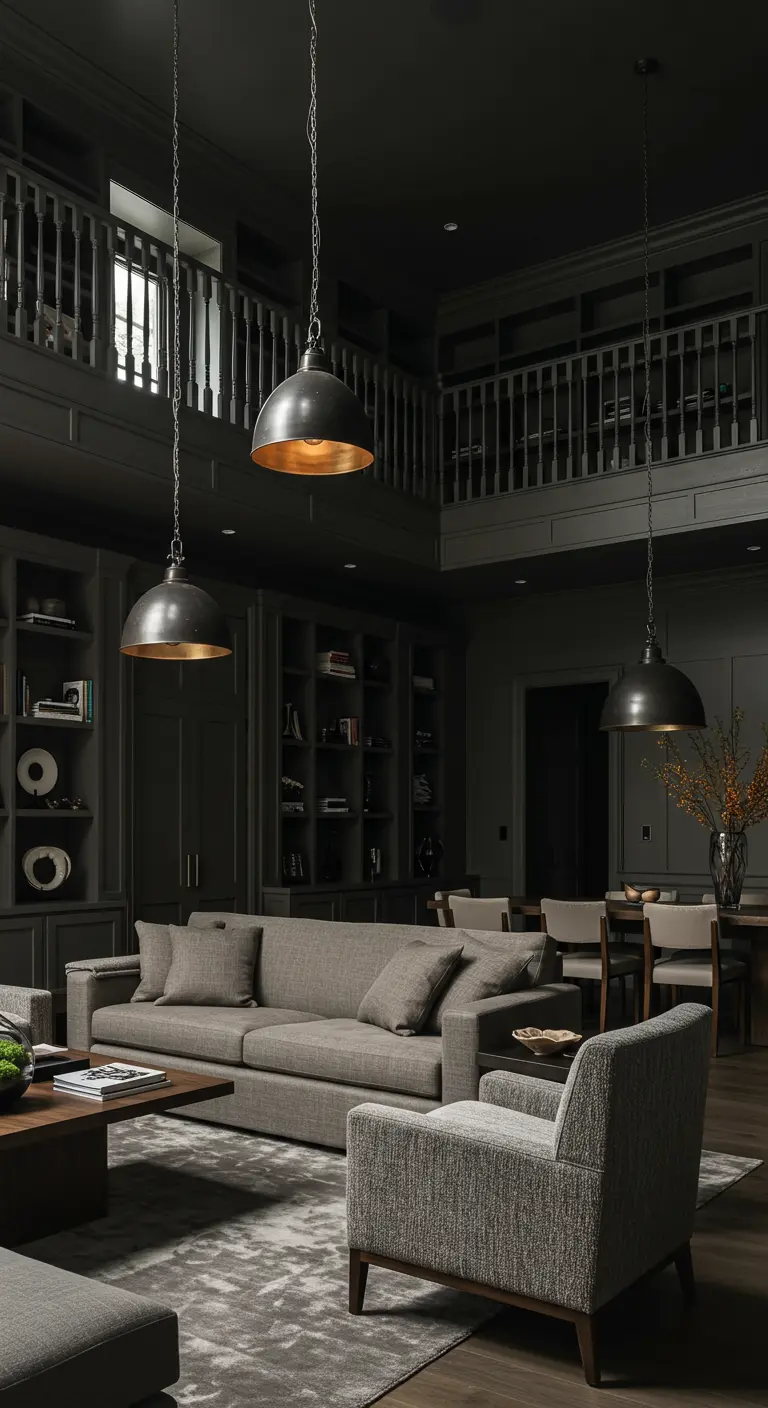 Donkere industriële woonkamer met metalen hanglampen en mezzanine.