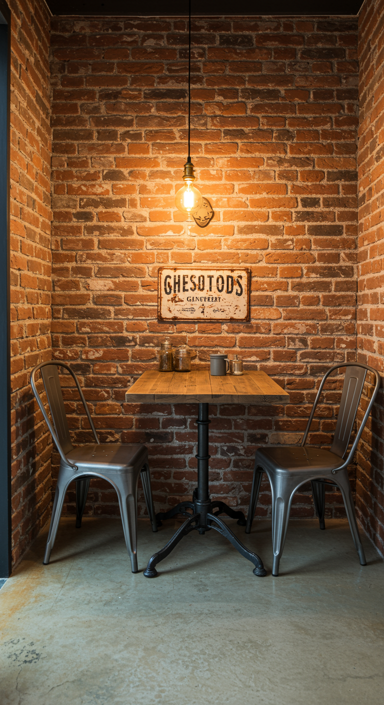 Kleine vierkante eettafel met metalen stoelen in een industriële bakstenen nis.