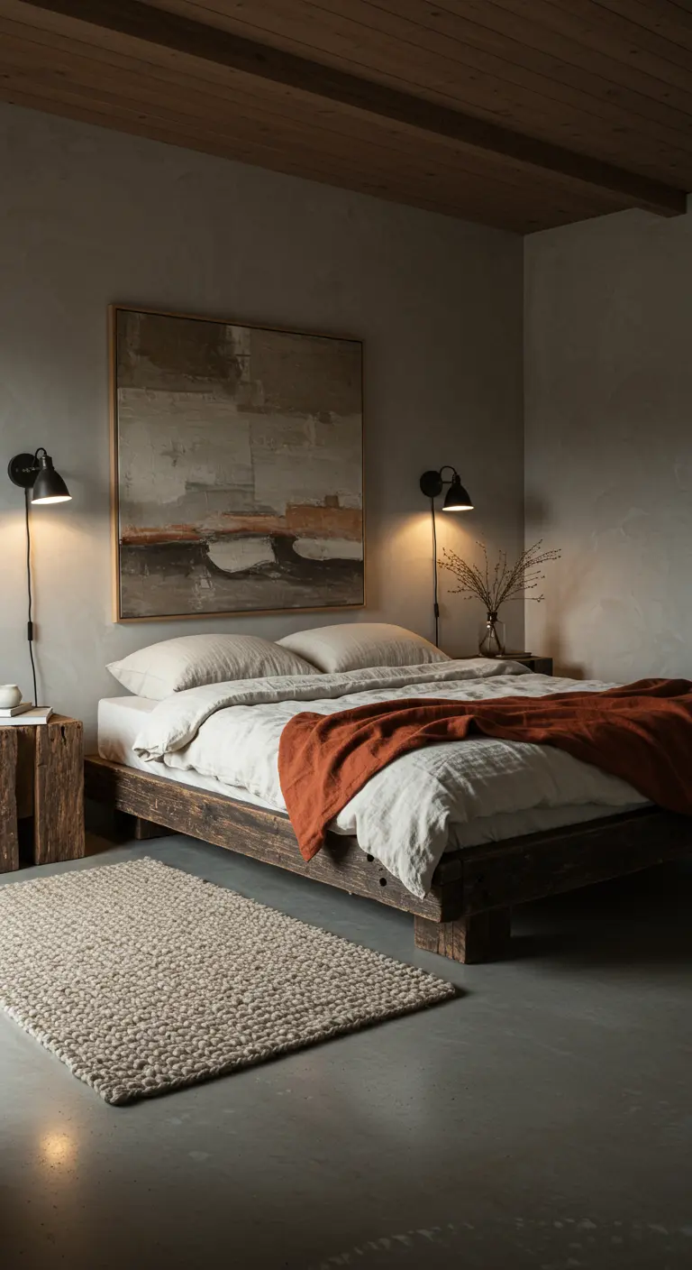 Japandi slaapkamer met donkerhouten bed, betonvloer, abstracte kunst en terracotta sprei.