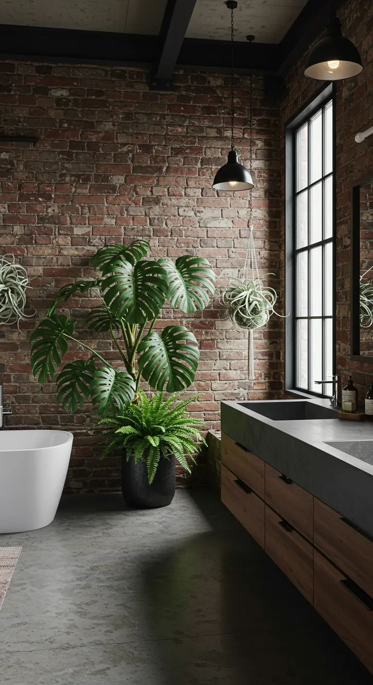 Industriële badkamer met bakstenen muur, grote Monstera en luchtplanten