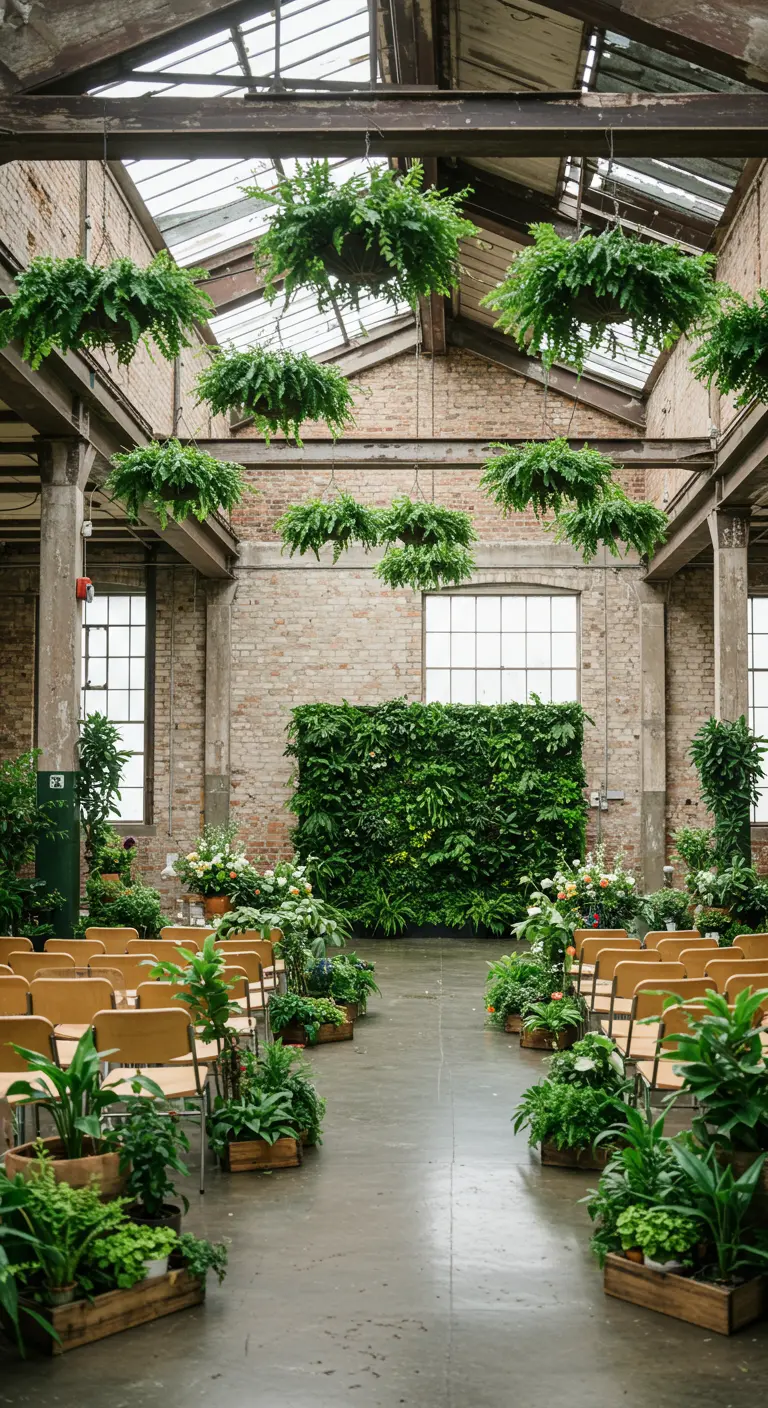 Industriële ceremonieruimte met hangende varens en een groene plantenmuur.