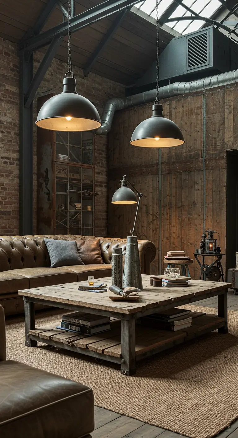 Industriële zithoek met leren bank, metalen lampen en houten salontafel.