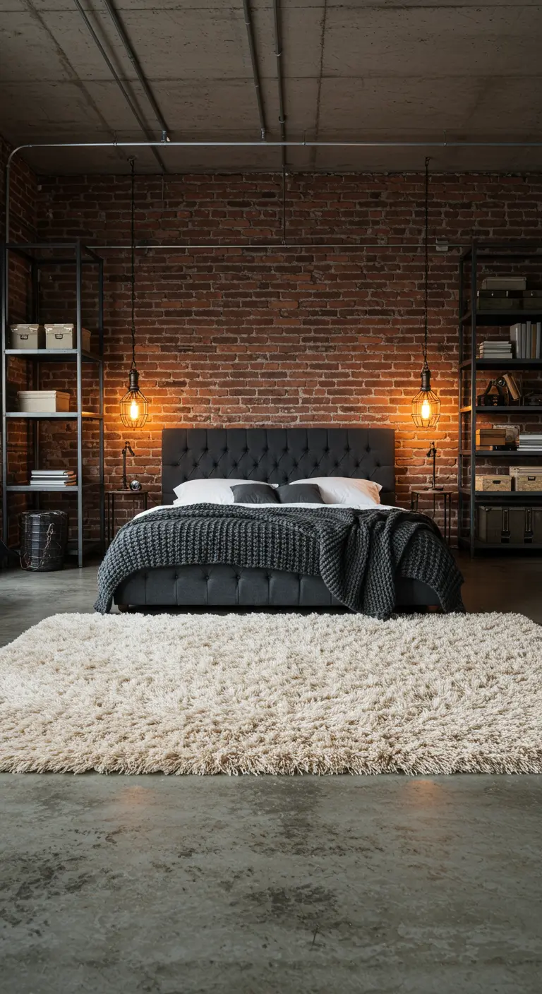 Industriële slaapkamer met bakstenen muur, grijs bed en crèmekleurig hoogpolig tapijt.