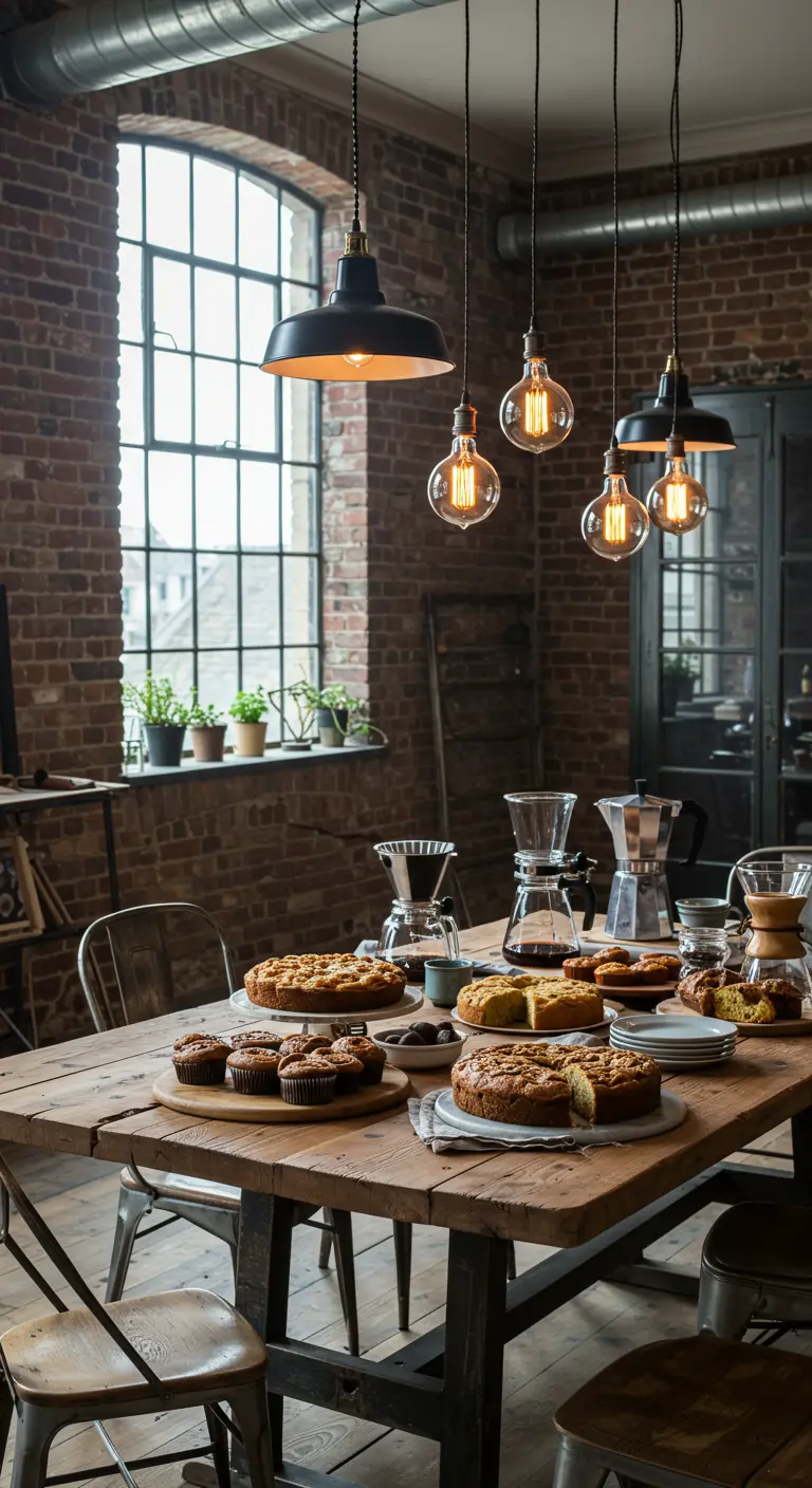 Industriële ruimte met bakstenen muur, houten tafel met koffie en cakes.