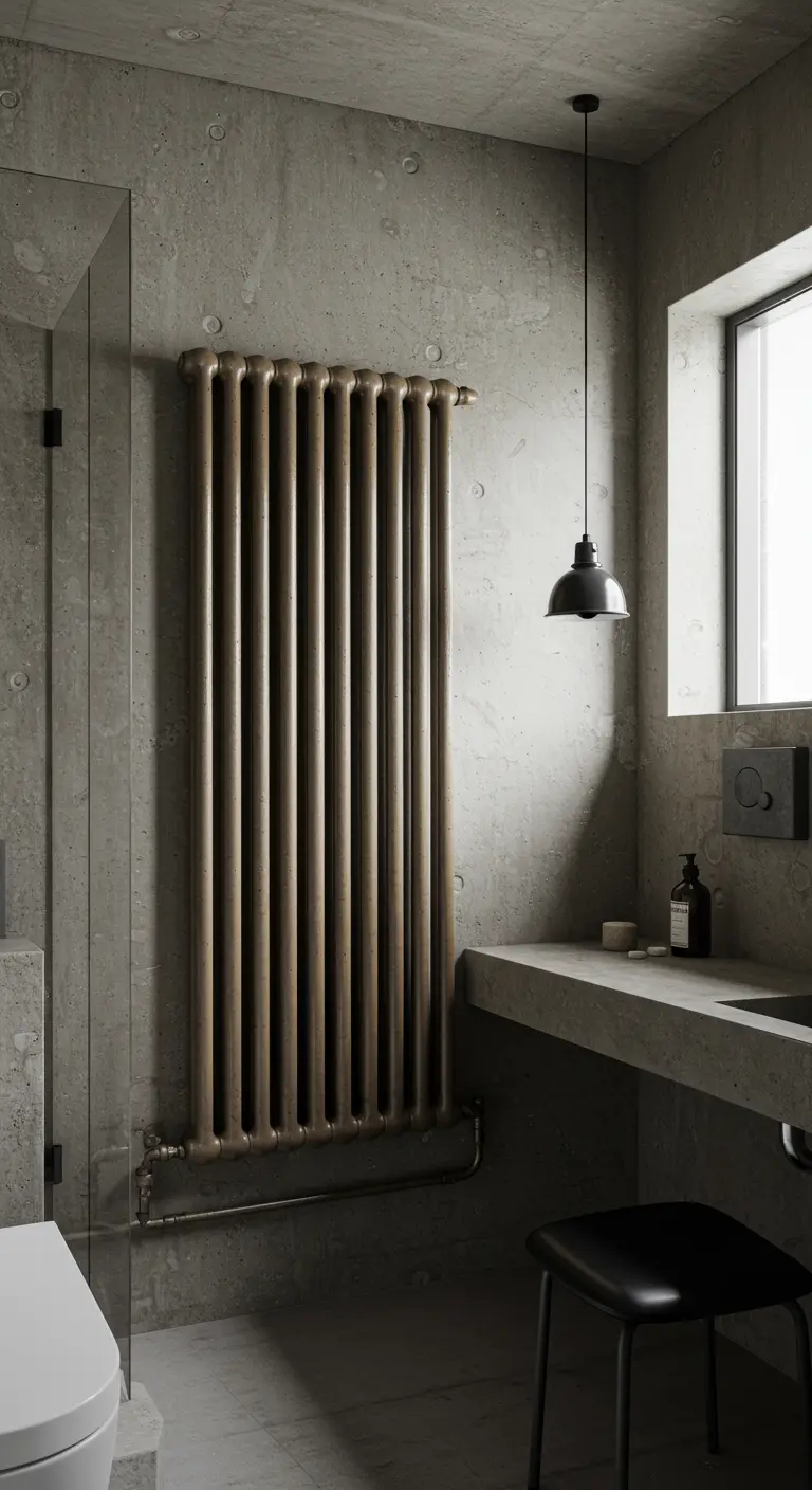 Donkere, industriële look radiator tegen een betonnen muur in een minimalistische badkamer met zwarte accenten.