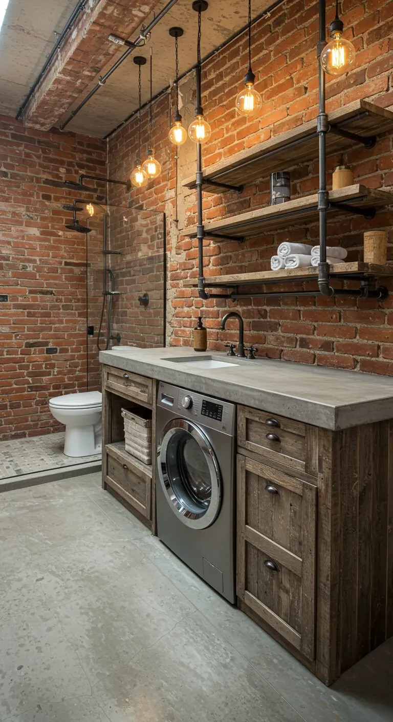 Wasmachine in robuust houten meubel met betonnen blad, industriële badkamer met bakstenen muur.