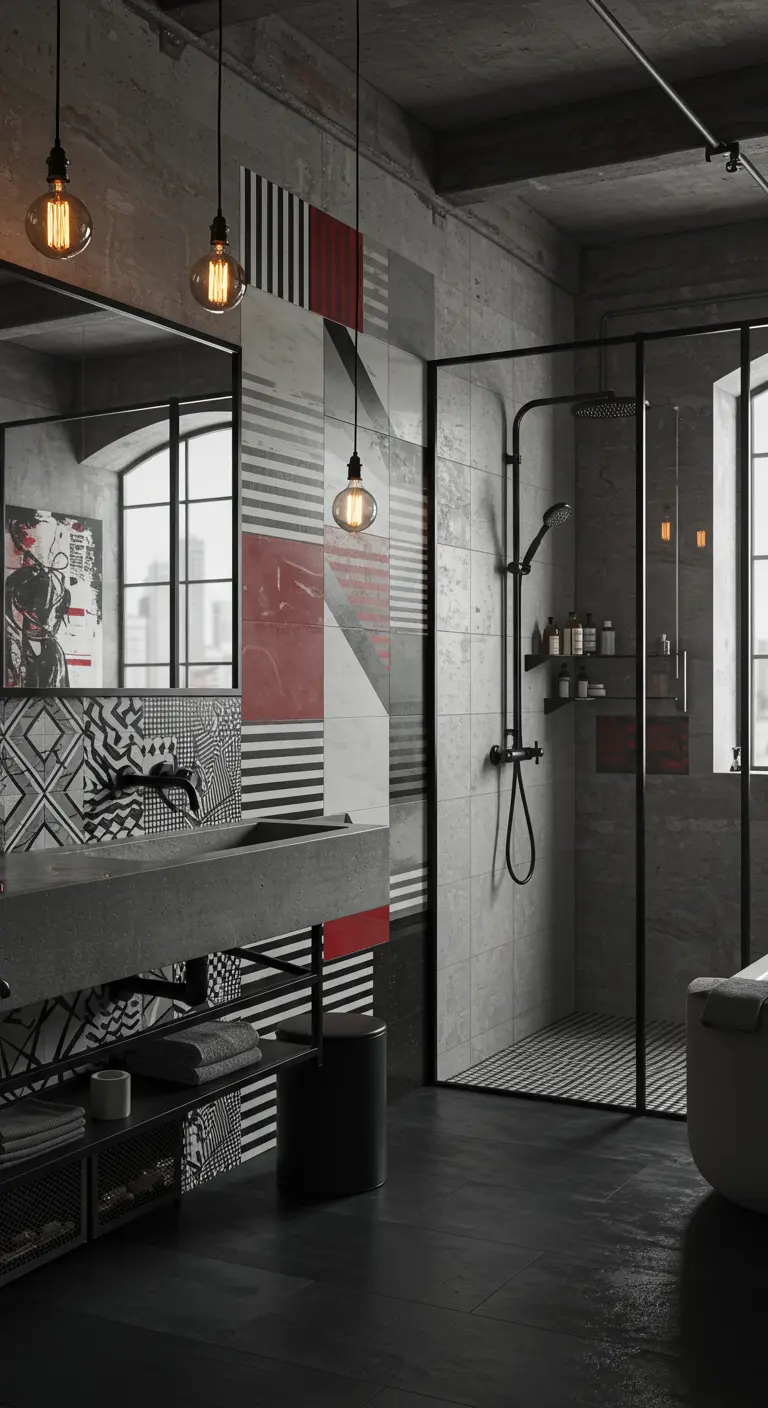 Industriële badkamer met collage van patroontegels in rood, zwart en grijs