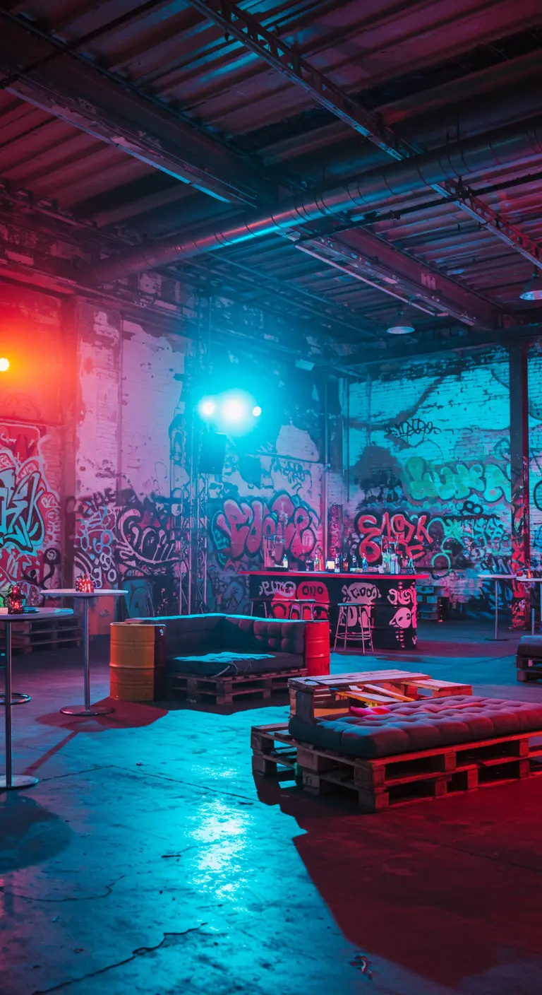 Industriële feestruimte met graffiti, palletmeubels en gekleurd licht.